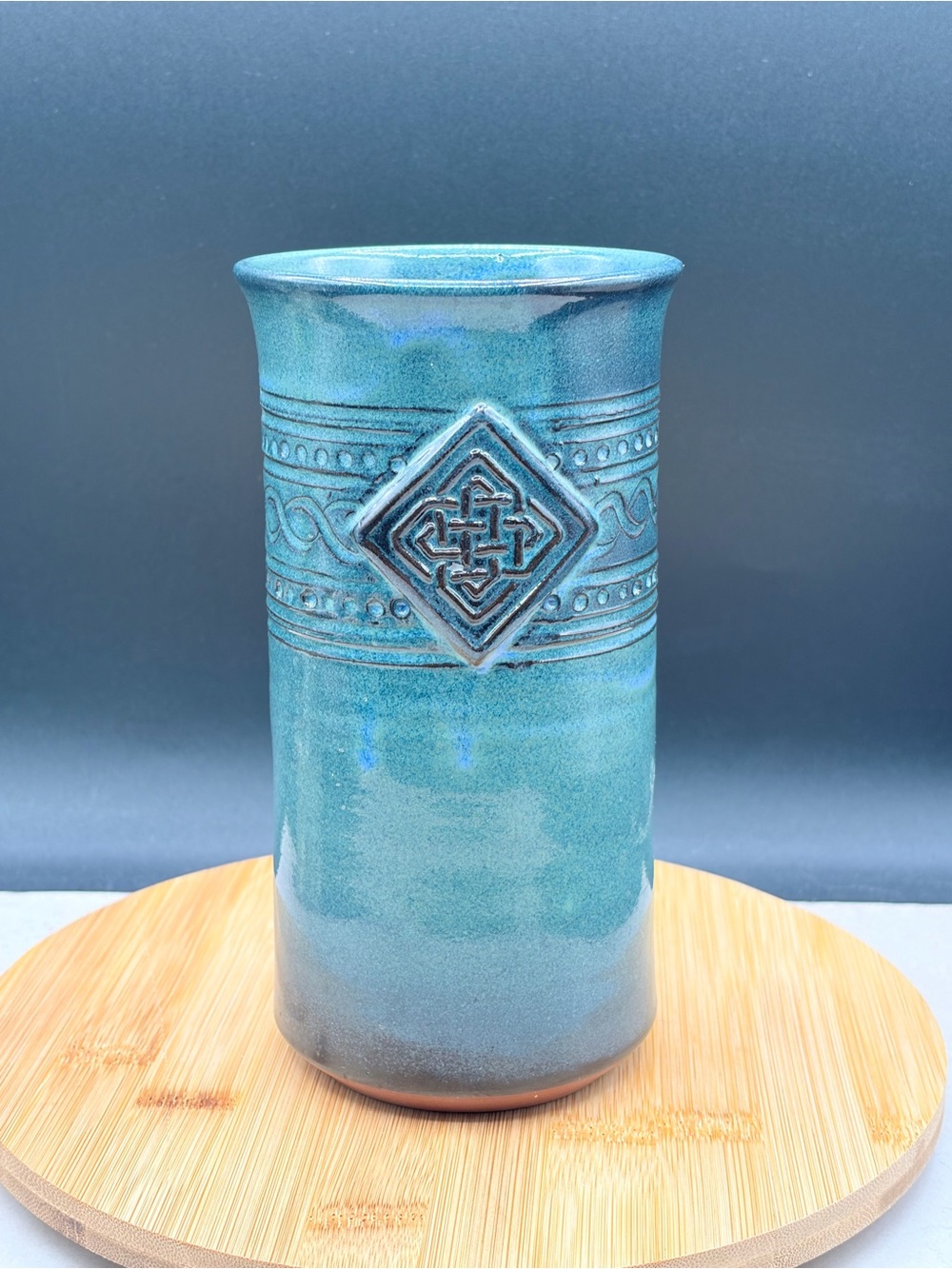 Hand Made Turquoise Red Clay Vase Celtic Knot Artist Signed Stoneware